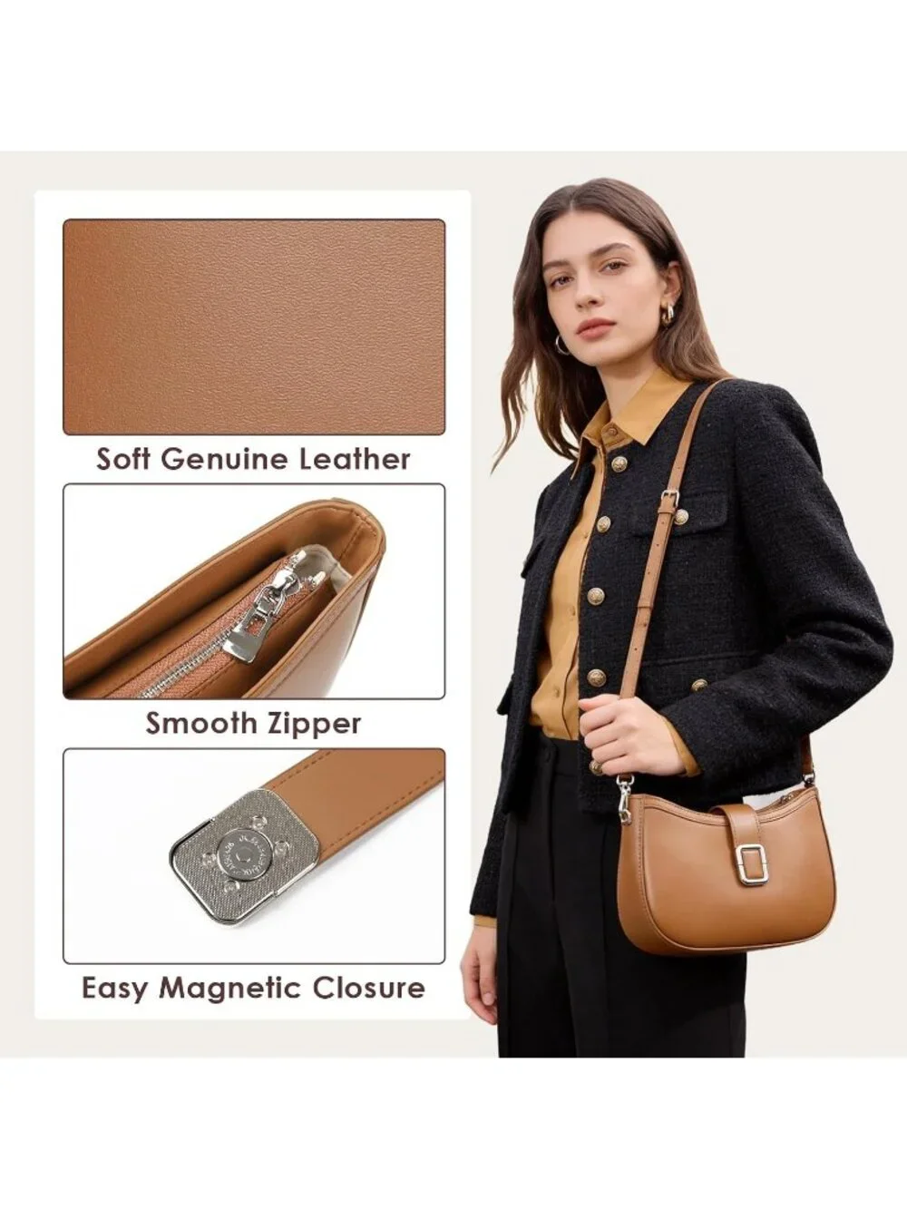 Women's Black Genuine Leather Purse 3 Pocket Shoulder Crossbody Bag